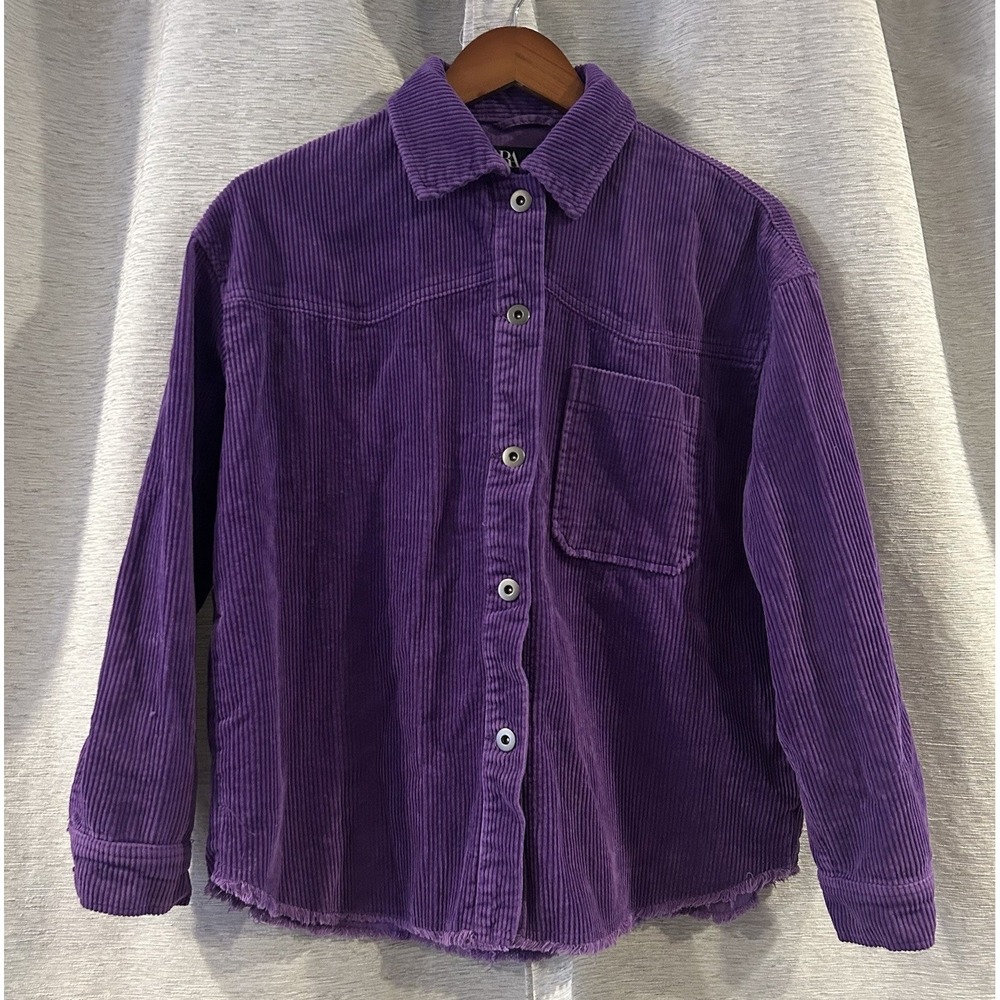 Zara Corduroy Oversized Shirt Jacket Shacket‎ Purple Frayed Hem Casual Size XS